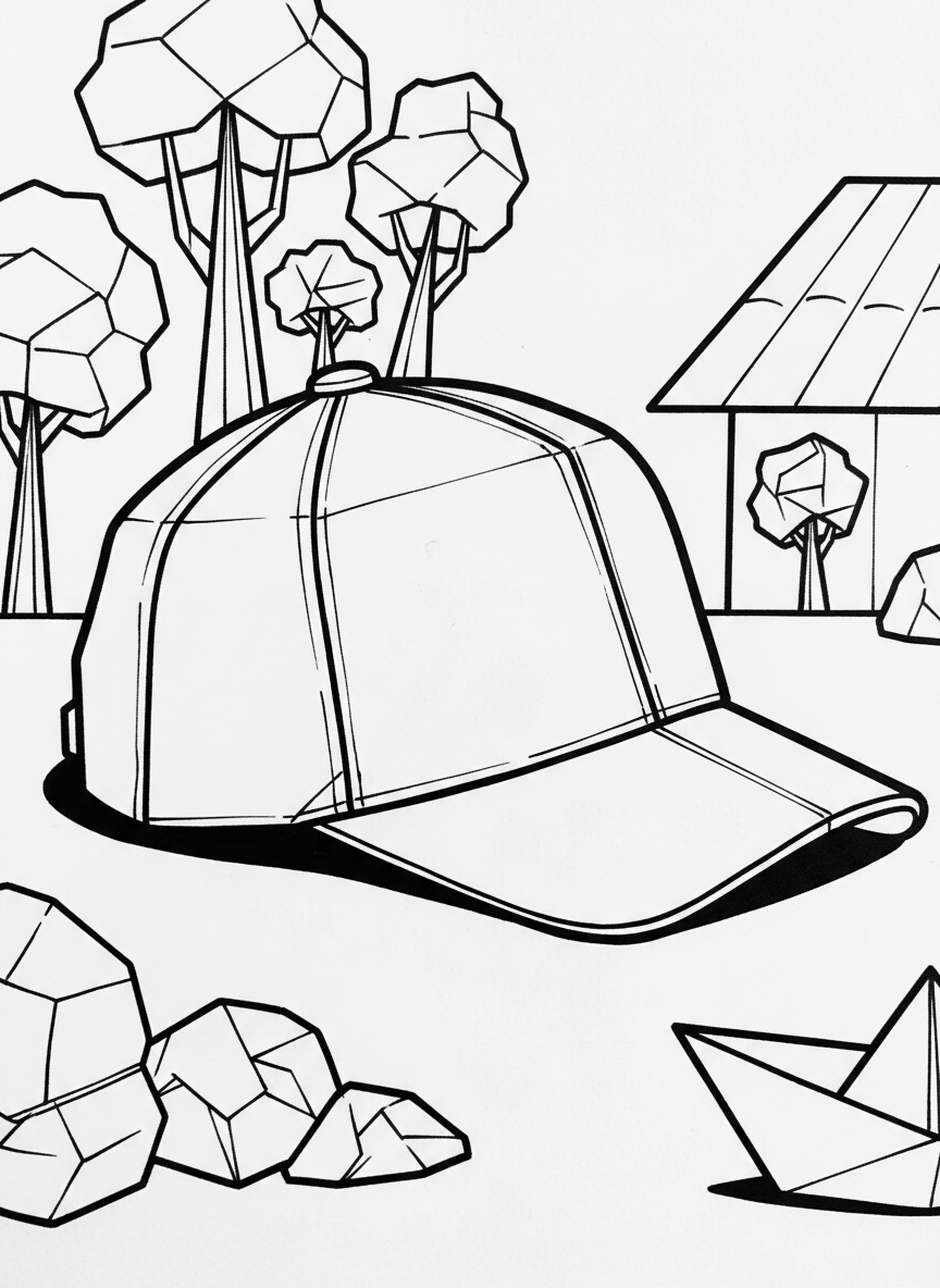 An origami baseball cap with a curved brim and folded panels, shown from the side with clear construction lines.