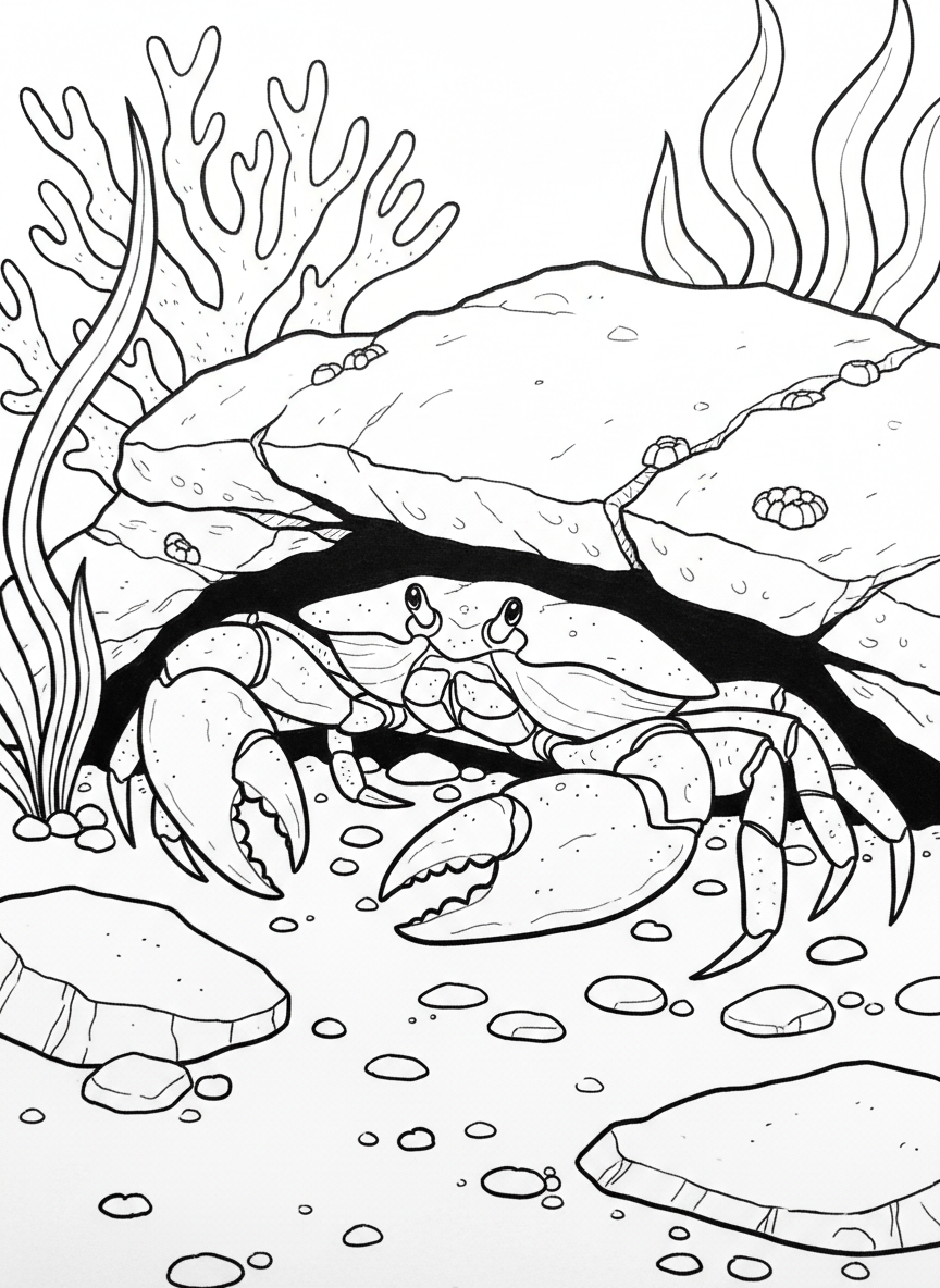 Close-up of a porcelain crab hiding under a rock overhang, with its flat body and large claws visible.