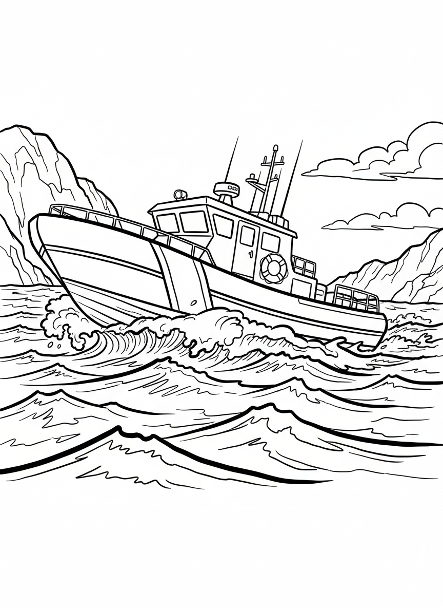 A coast guard rescue boat speeding through waves with a life preserver ring visible on the side.