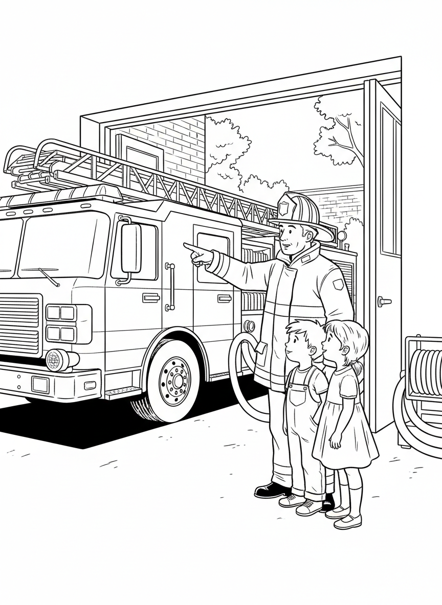 A firefighter showing children the fire truck at the station, pointing to the ladder and hose, with the firehouse doors open behind them.