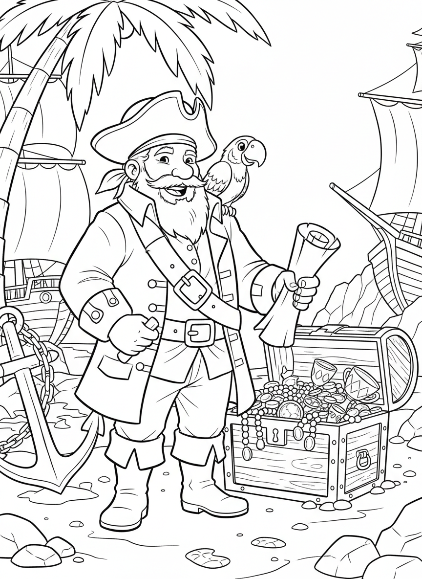 A friendly pirate captain standing next to an open treasure chest, holding a treasure map and smiling, with a parrot perched on his shoulder