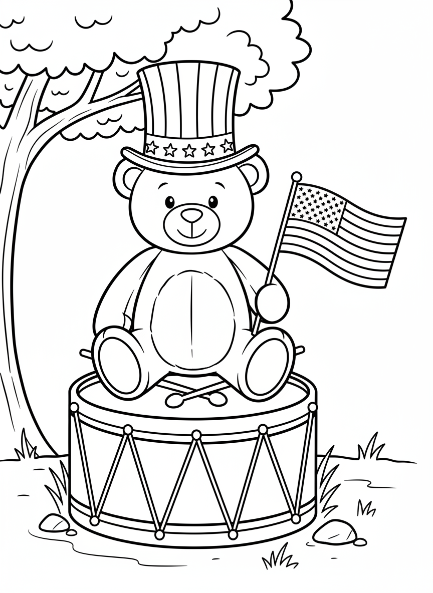 A patriotic teddy bear wearing a top hat with stars, holding a small flag and sitting on a drum.