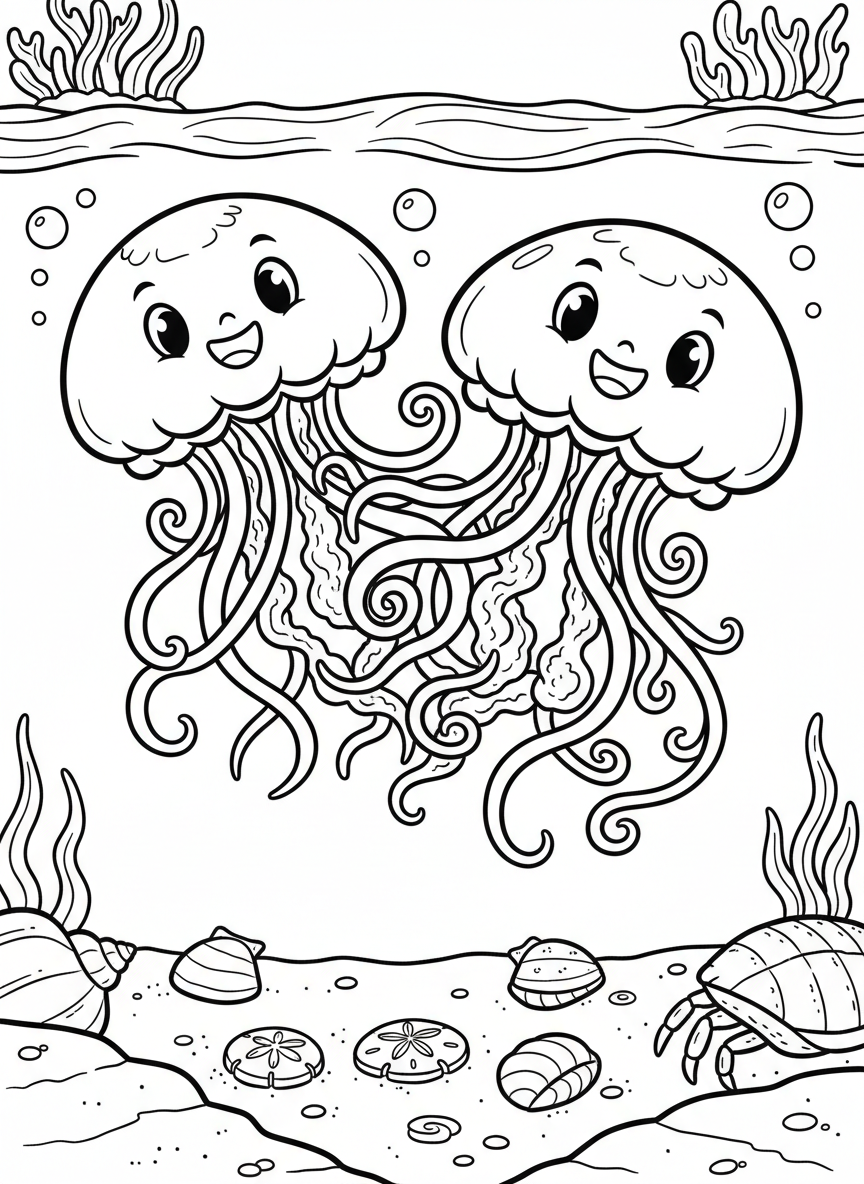 Two jellyfish playing together with their tentacles intertwined, happy faces, floating above a tide pool floor covered with sand dollars and shells.