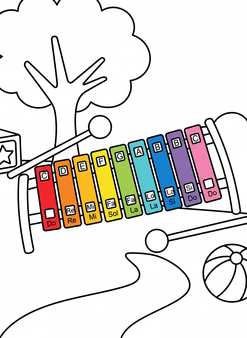 A colorful xylophone with eight bars and two mallets, showing clear rectangular keys in rainbow order, simple design for toddlers.