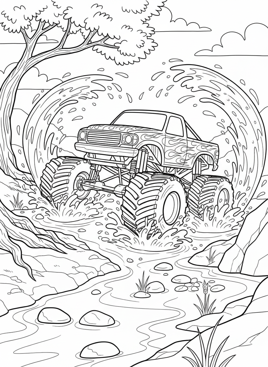 A monster truck decorated with flame patterns driving through a shallow creek, water splashing around the wheels.