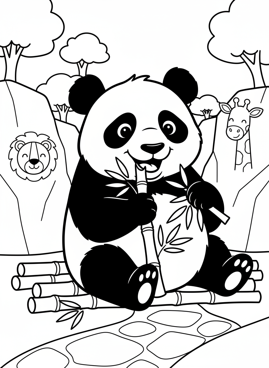 Woodland Park Zoo scene with a playful panda eating bamboo, simple and cute animal portrait for young children.