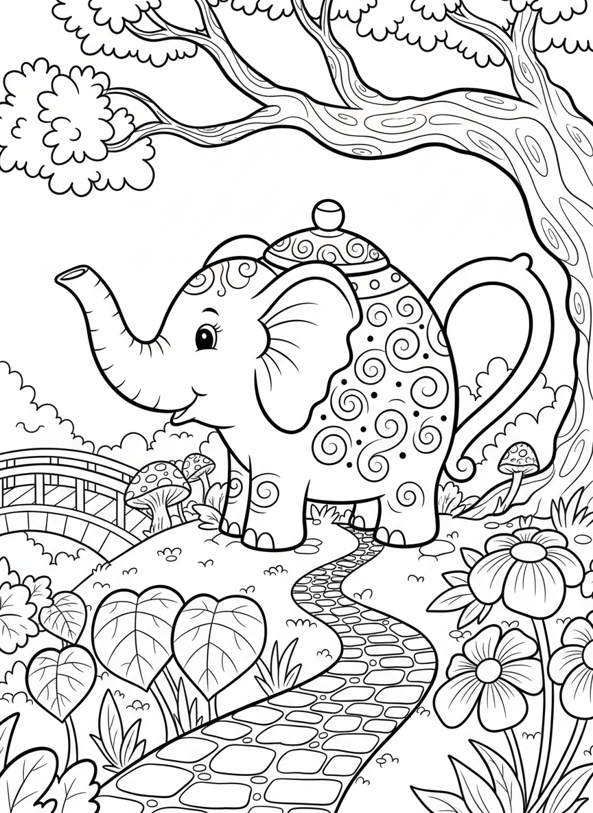 A whimsical teapot shaped like a friendly elephant with its trunk as the spout and tail as the handle.