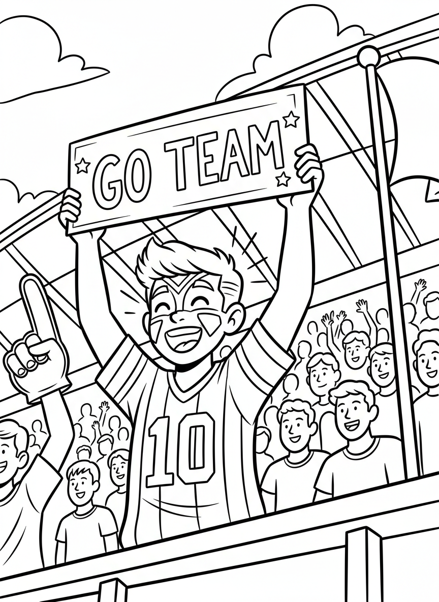 A young fan wearing a team jersey and face paint, holding a sign that says GO TEAM with excitement.