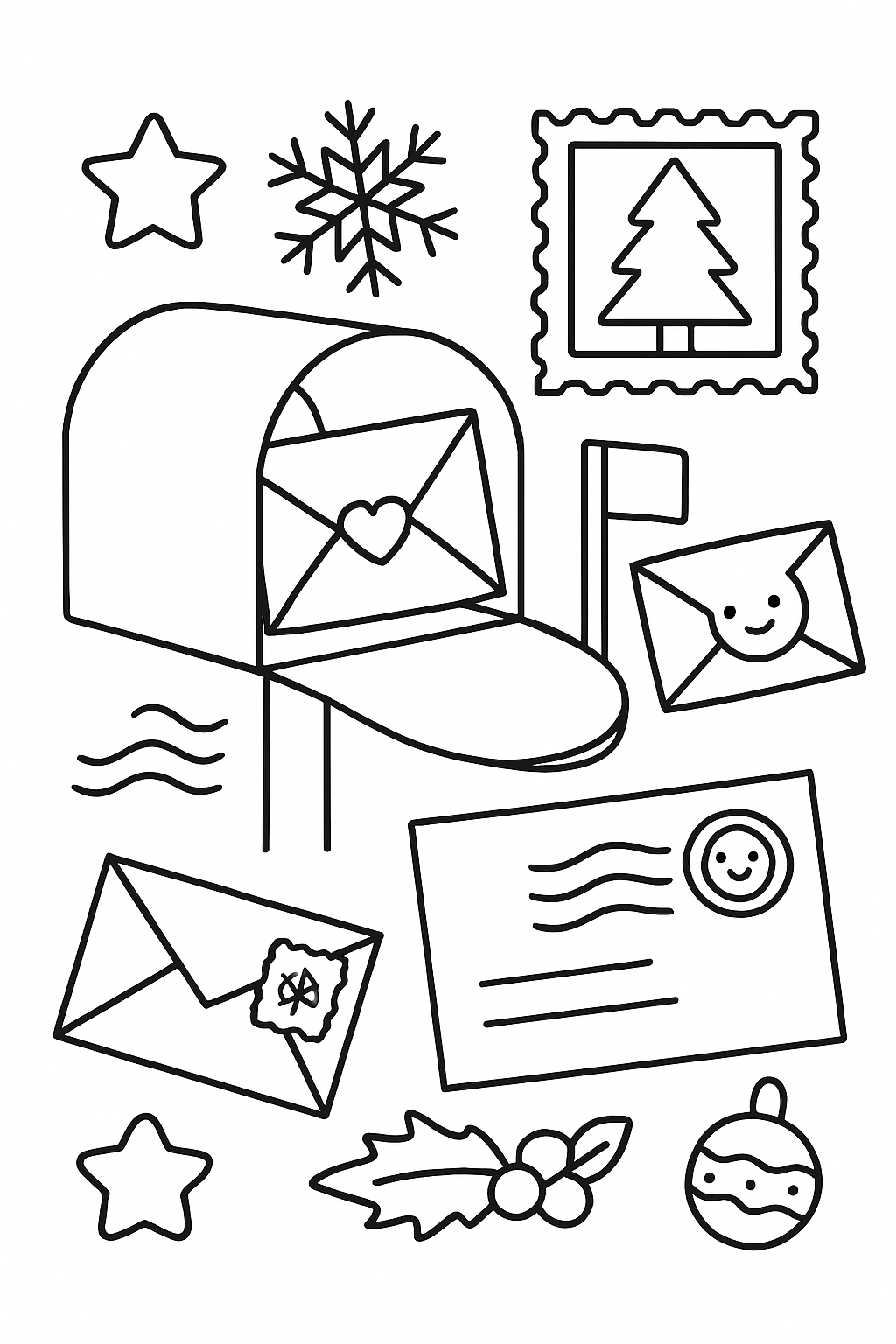 Festive mailbox and envelope icons: letter to Santa, stamped envelopes, decorative mail-themed shapes
