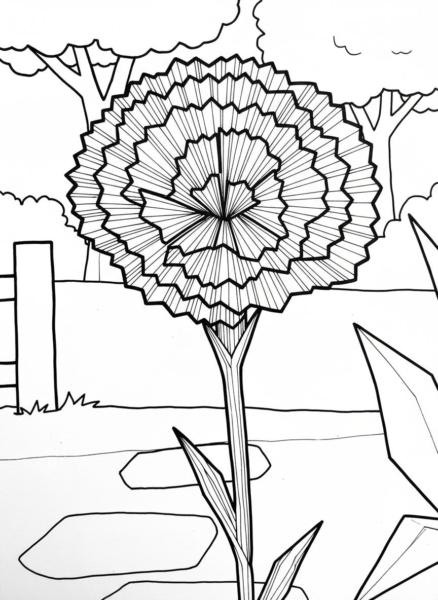 An origami carnation with ruffled zigzag petal edges, showing paper texture lines, long folded stem, close-up view for detailed coloring.