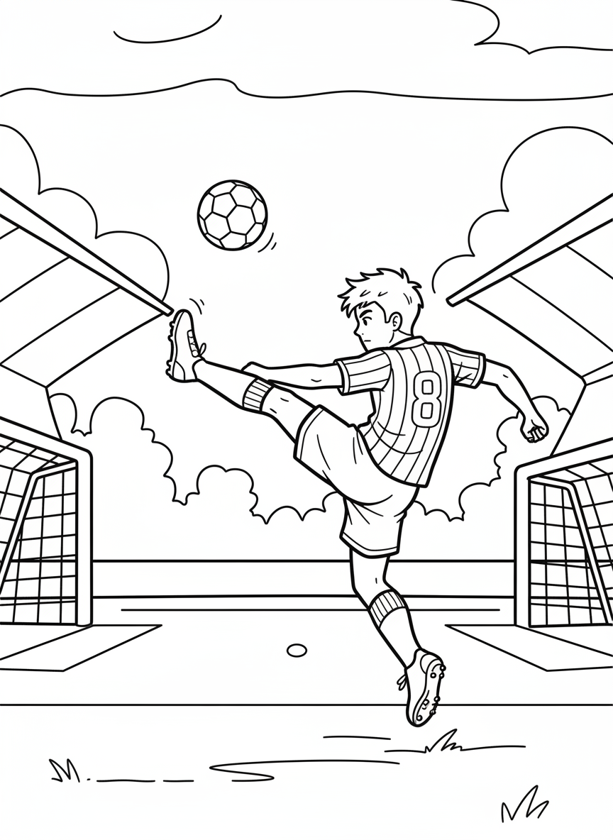 A young soccer player kicking a ball mid-air with one leg extended, wearing a jersey and shorts, simple line art for coloring