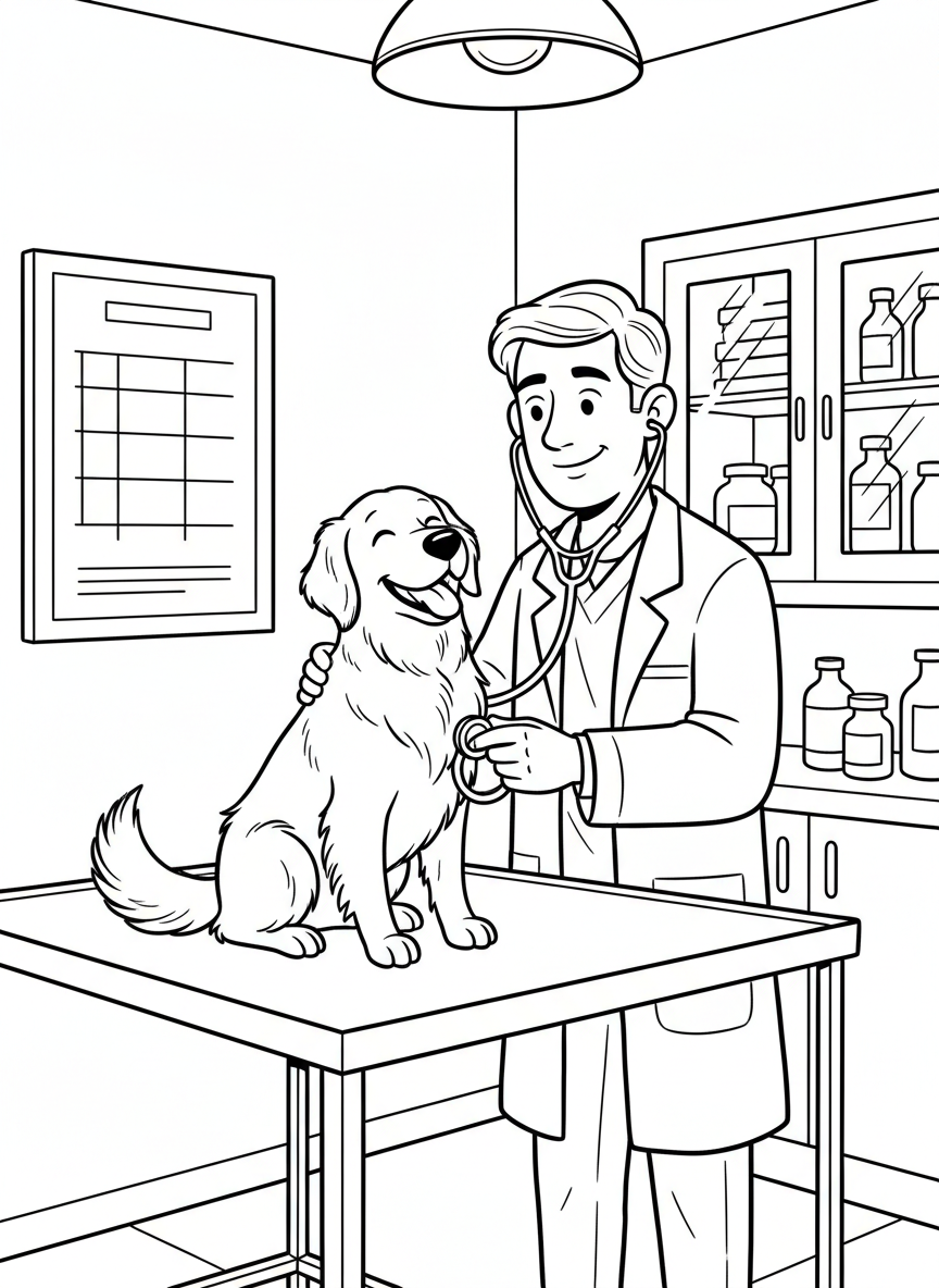 A friendly veterinarian examining a happy golden retriever on an exam table with a stethoscope, simple clinic background with a chart on the wall