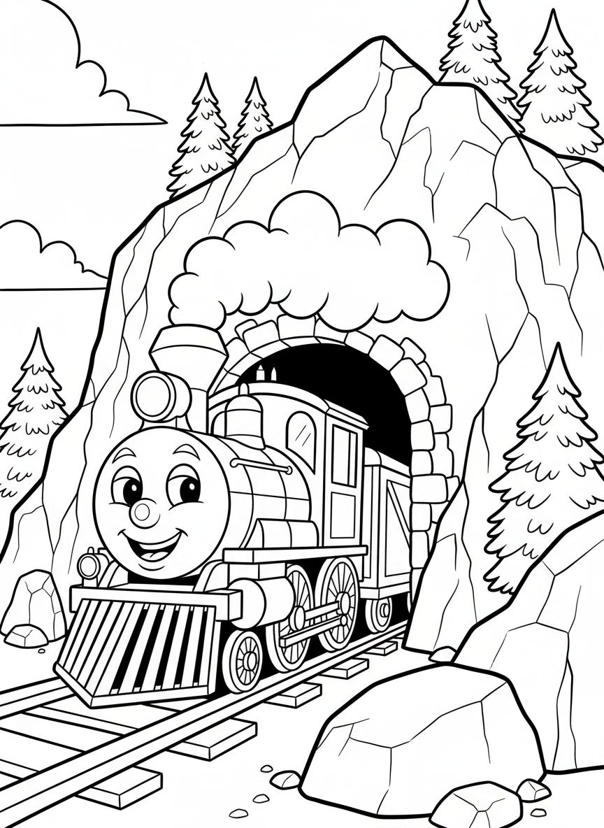 A cute cartoon-style train with a smiling face on the front, traveling through a tunnel carved into a mountain.