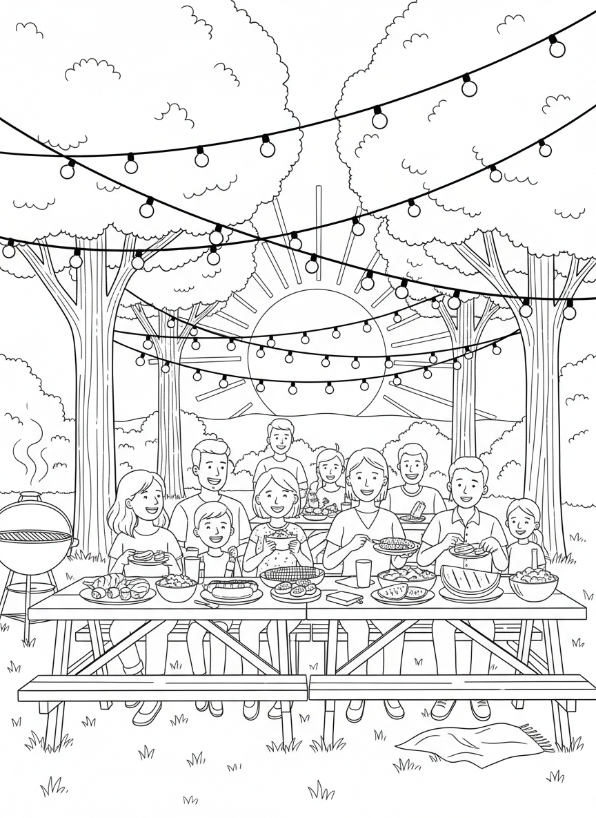 Labor Day coloring page prompts celebrating the close of summer, long-weekend relaxation, outdoor gatherings, and community spirit.	A late-summer backyard cookout with string lights overhead, picnic tables filled with food as friends laugh and the sun sets behind tall trees.