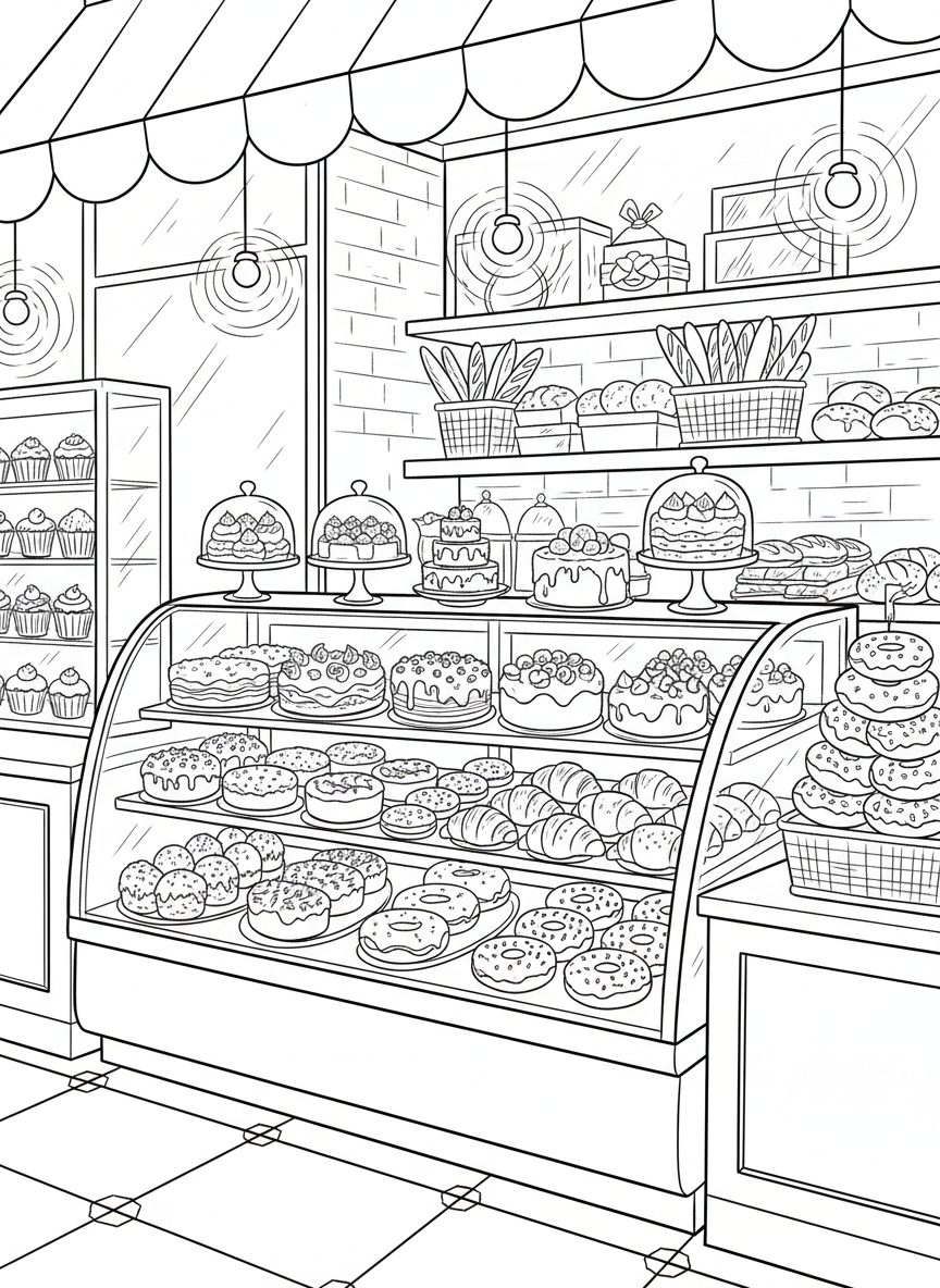 A bakery display filled with colorful cakes, pastries, donuts, and glass cases glowing under warm lights.