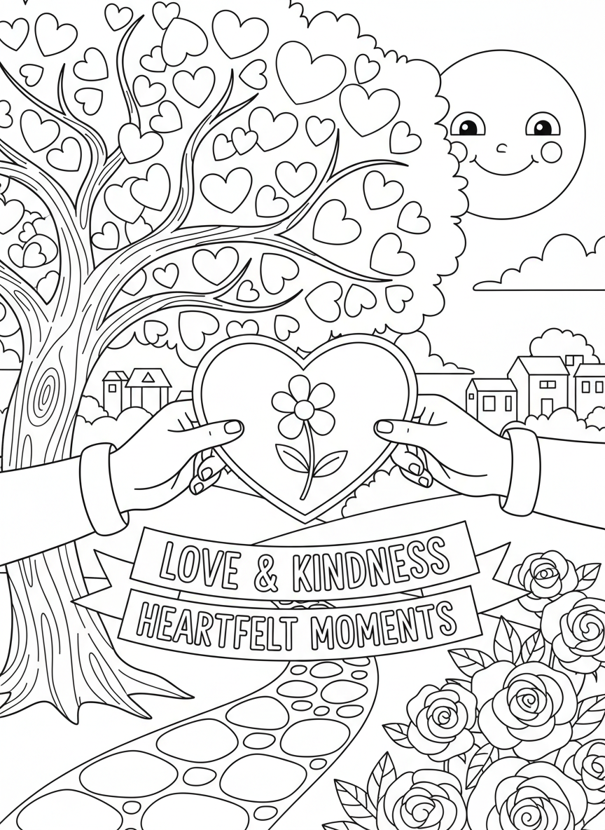 Valentines Day coloring page prompts celebrating love, connection, kindness, and heartfelt moments.	A close-up of hands exchanging a card or flower, capturing a small but meaningful gesture.