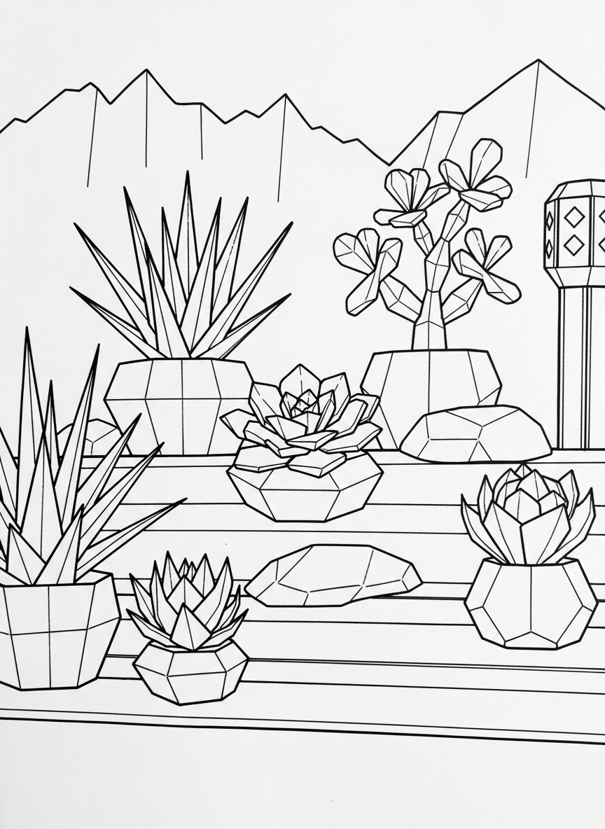 An origami succulent garden with various geometric plants including aloe, echeveria, and jade, all showing angular fold patterns in pots.