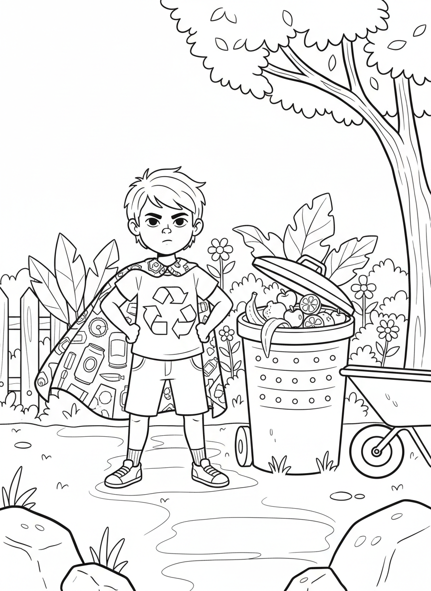 A young eco hero wearing a cape made from recycled materials, standing proudly with hands on hips next to a compost bin full of fruit peels.