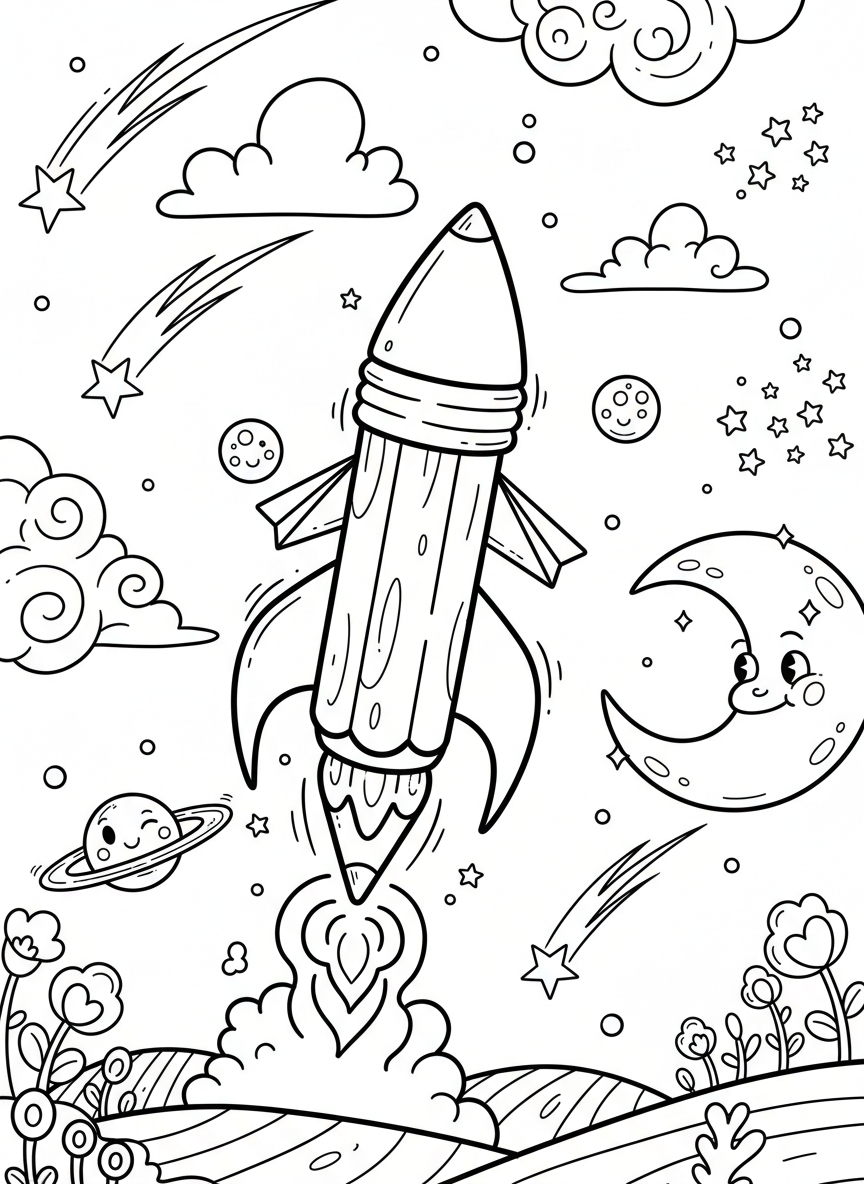 A whimsical rocket shaped like a pencil flying past shooting stars and smiling planets, fun and imaginative