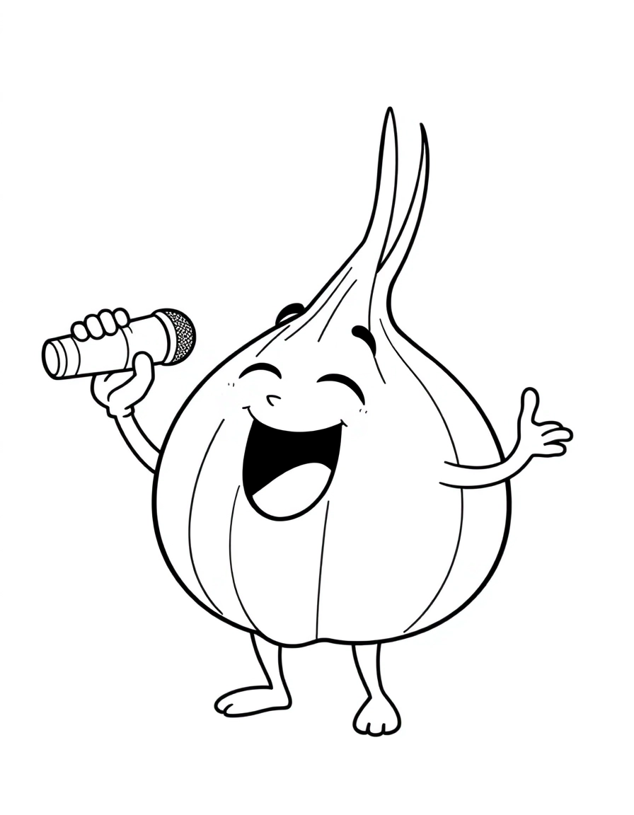 An onion singing karaoke with a microphone.