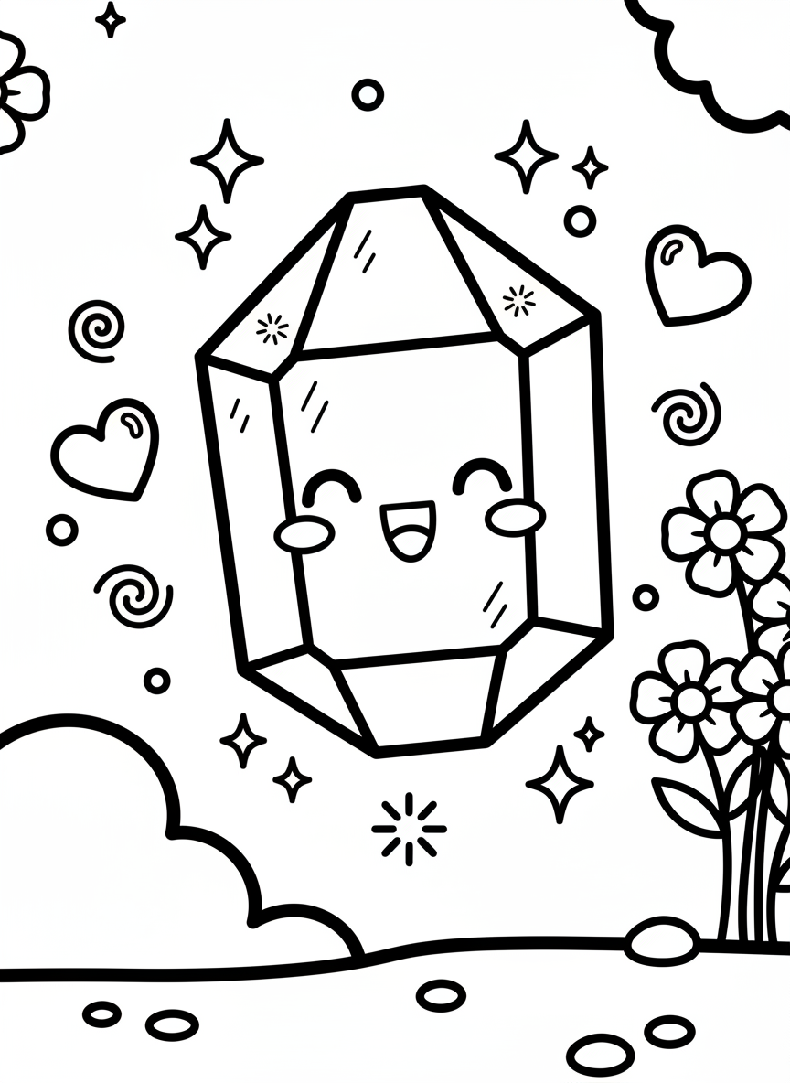 A cute kawaii-style amethyst crystal with happy eyes and a smile, surrounded by small sparkle shapes and hearts.