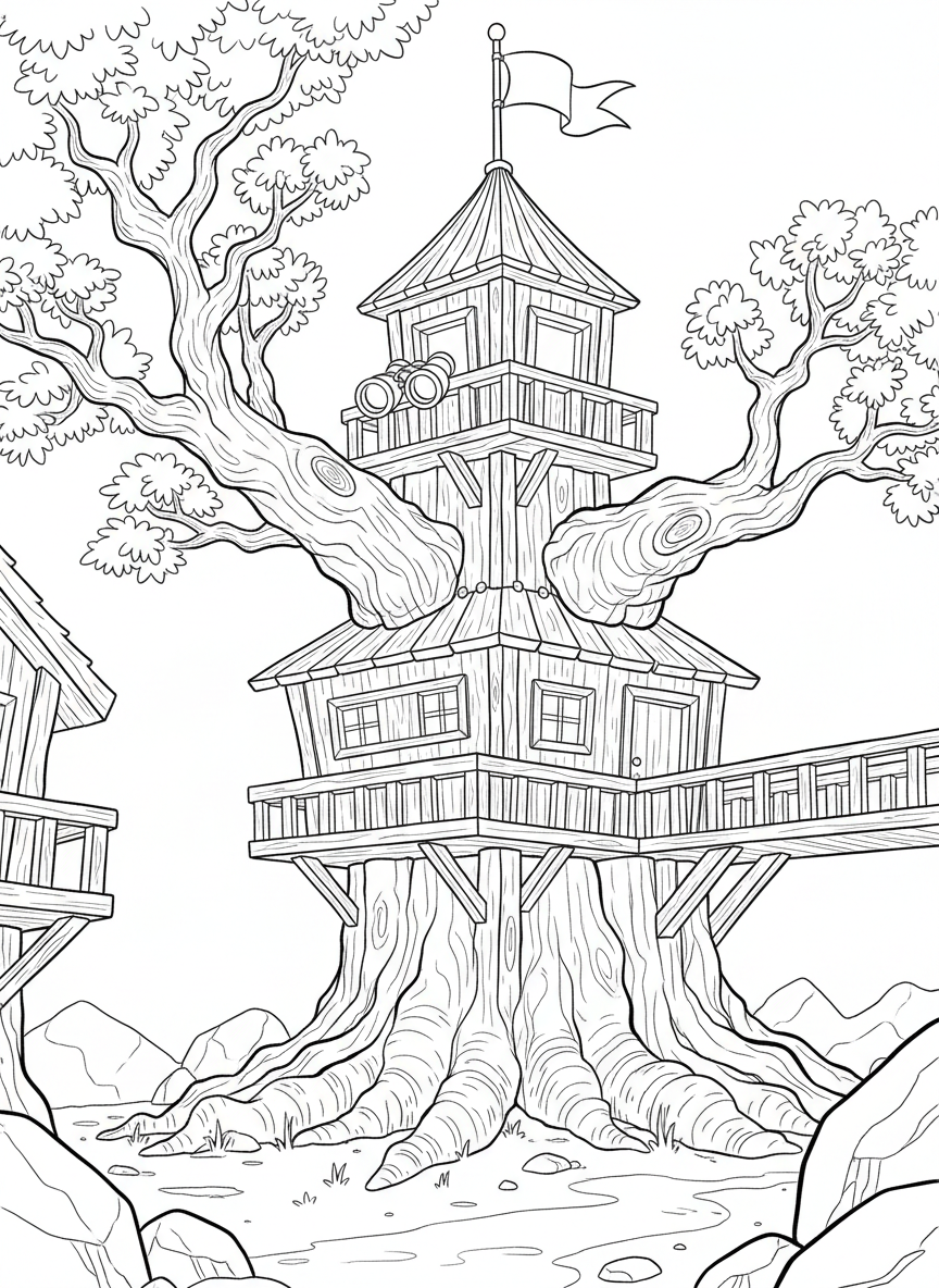 A treehouse with a lookout tower, binoculars on a ledge, and a flag waving in the wind at the top.
