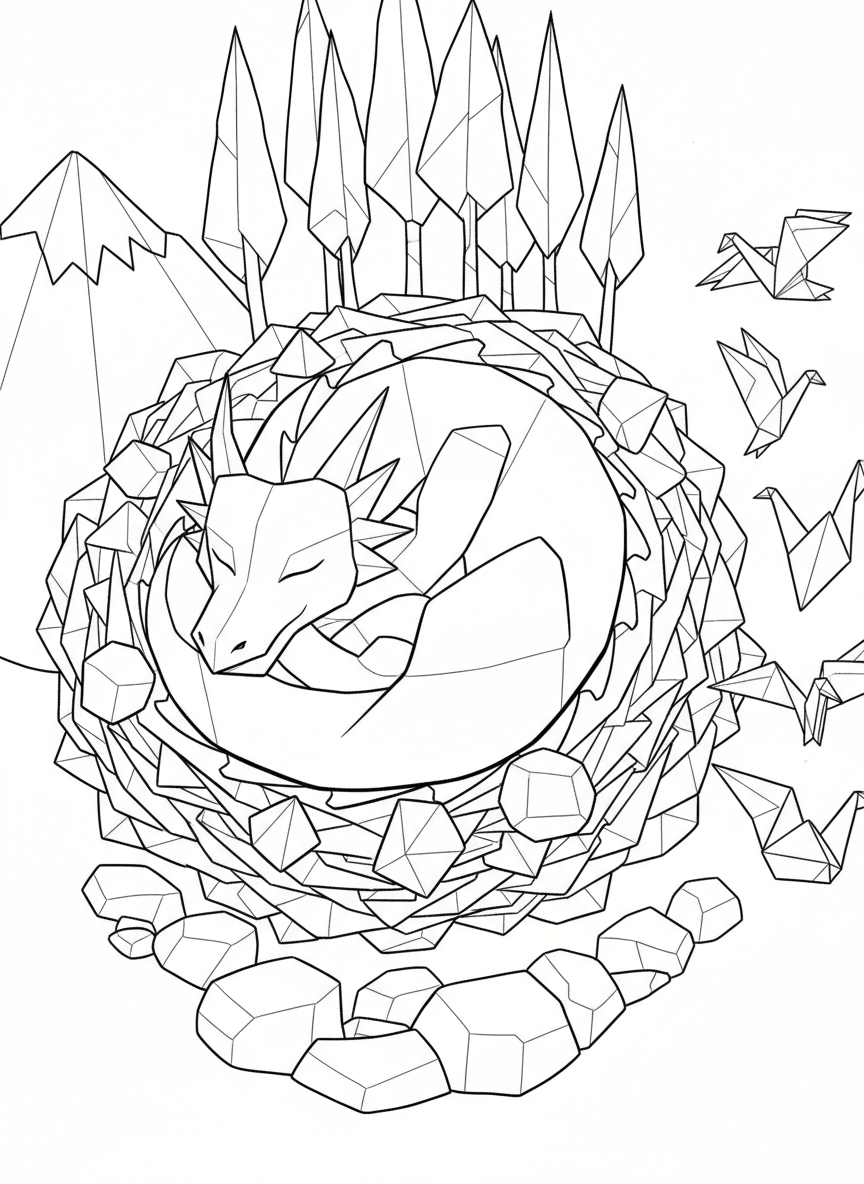 An origami dragon curled up sleeping in a nest made of geometric paper shapes, with peaceful expression and soft angular curves.