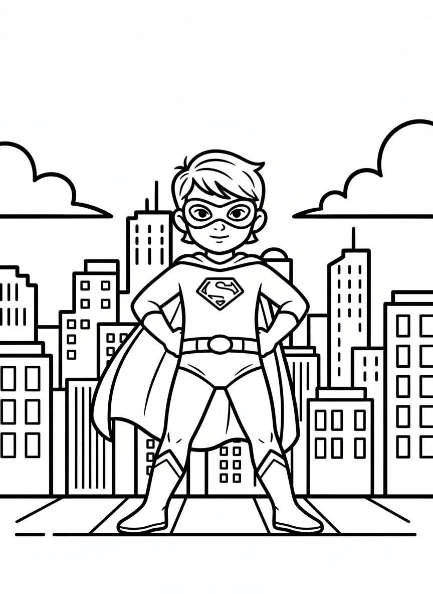 A young superhero kid standing in a power pose with hands on hips, wearing a mask and cape, city skyline in the background