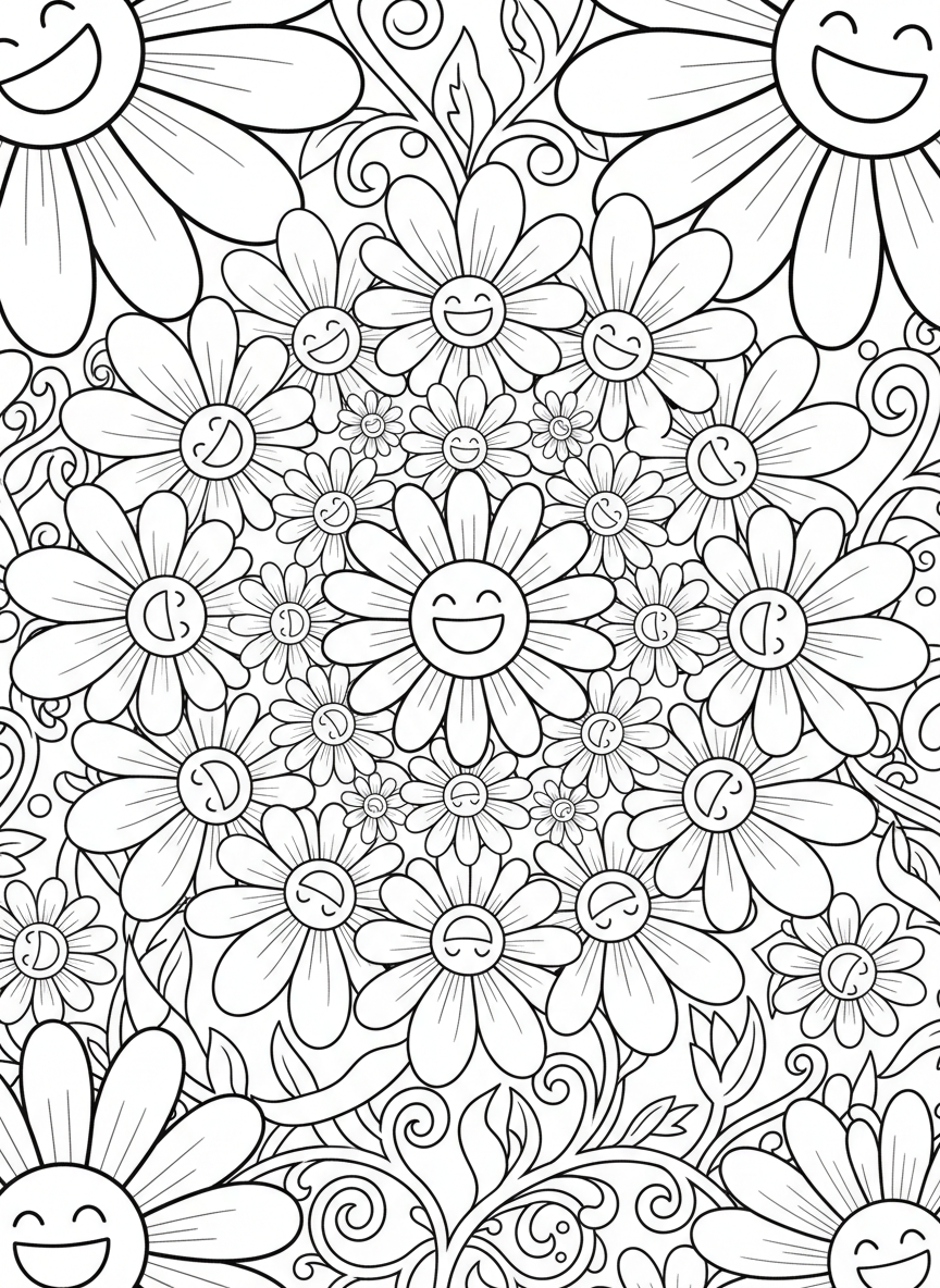 A basic mandala with oversized daisy flowers forming a symmetrical circle, each petal clearly outlined with a smiling center