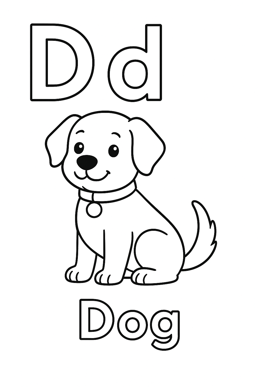 The uppercase letter “D” next to the lowercase letter “d”. With a dog image under the letters. Write out the object “Dog”. the uppercase D should be next to the lowercase d on the top line. no spaces or other letters, the word "Dog" should be under the image at the bottom of the page