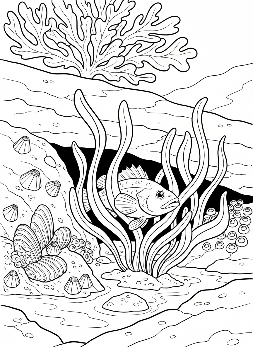 Detailed tide pool ecosystem showing layered seaweed, mussels, limpets, and a small sculpin fish hiding beneath fronds