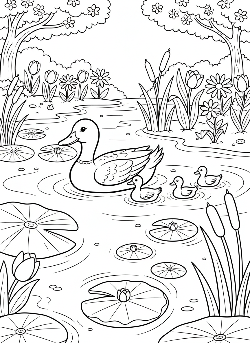 A family of ducks swimming in a pond with lily pads, cattails, and spring flowers blooming along the shore