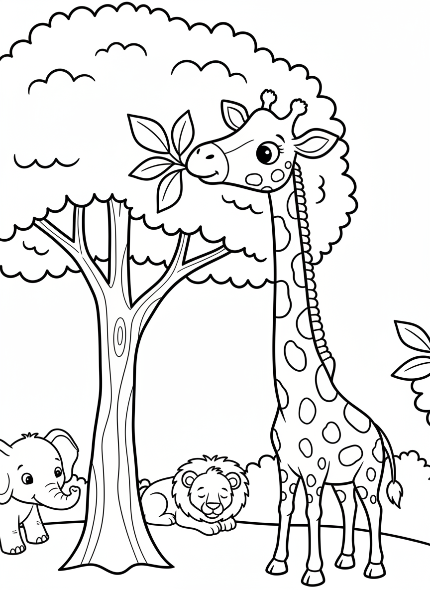 A friendly zoo giraffe stretching its long neck to eat leaves from a tall tree, simple animal portrait for young children.