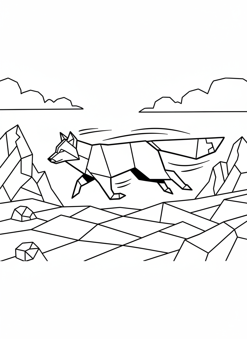 An origami arctic fox running across geometric tundra landscape, motion lines and angular ground shapes, dynamic horizontal composition