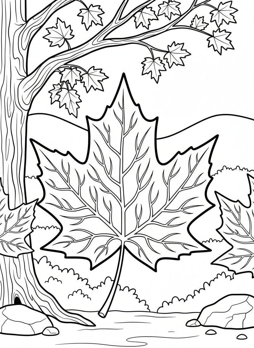 A detailed maple leaf with intricate veins and pointed edges, medium difficulty for older children.