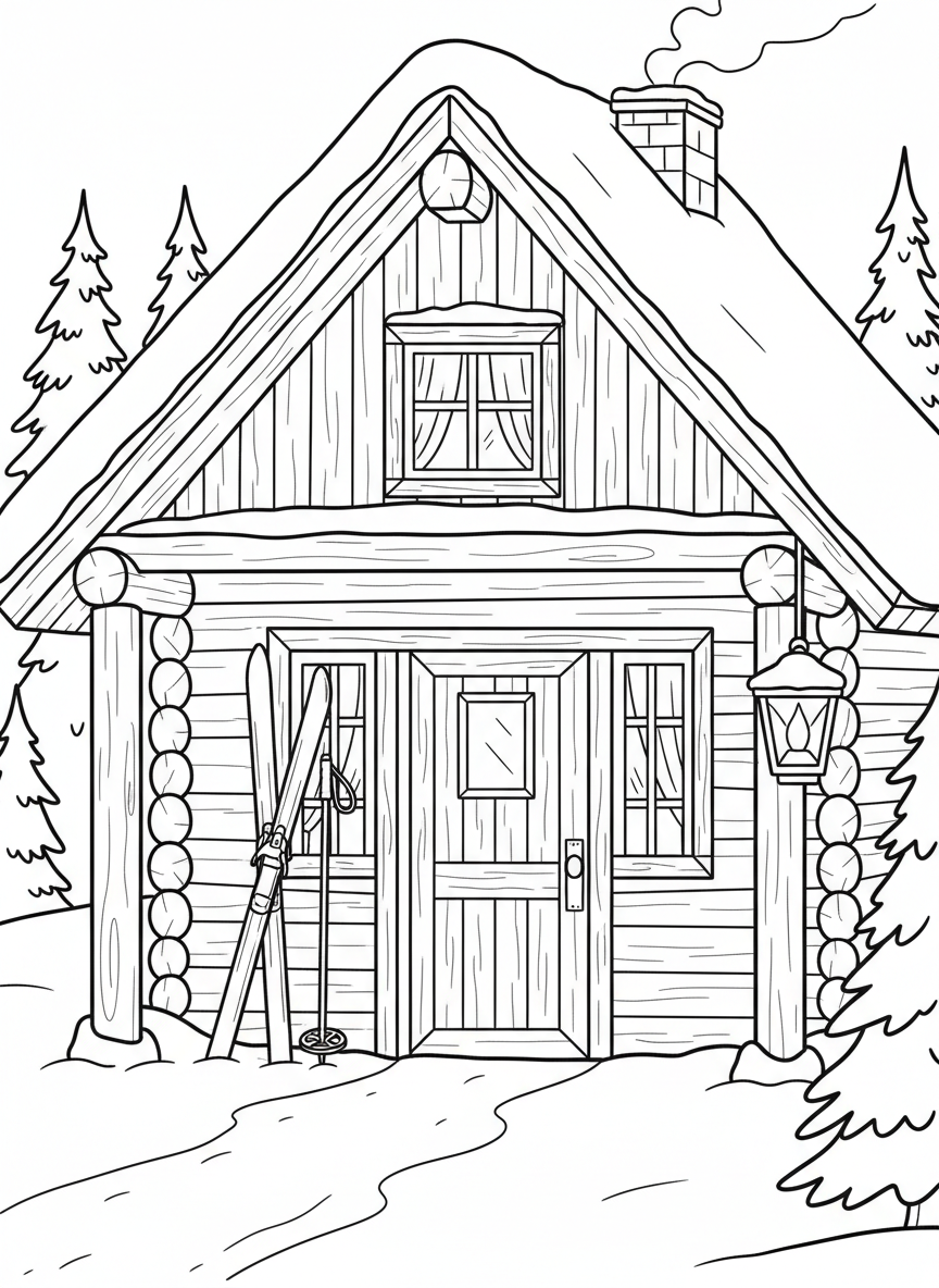 A ski lodge scene with skis and poles propped outside, snow-covered roof, welcoming door and windows, cozy winter building exterior.