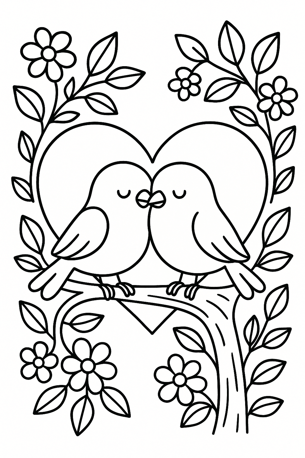 Two birds sitting close together on a tree branch shaped like a heart, surrounded by flowers and leaves, gentle and romantic nature-inspired Valentine’s Day scene
