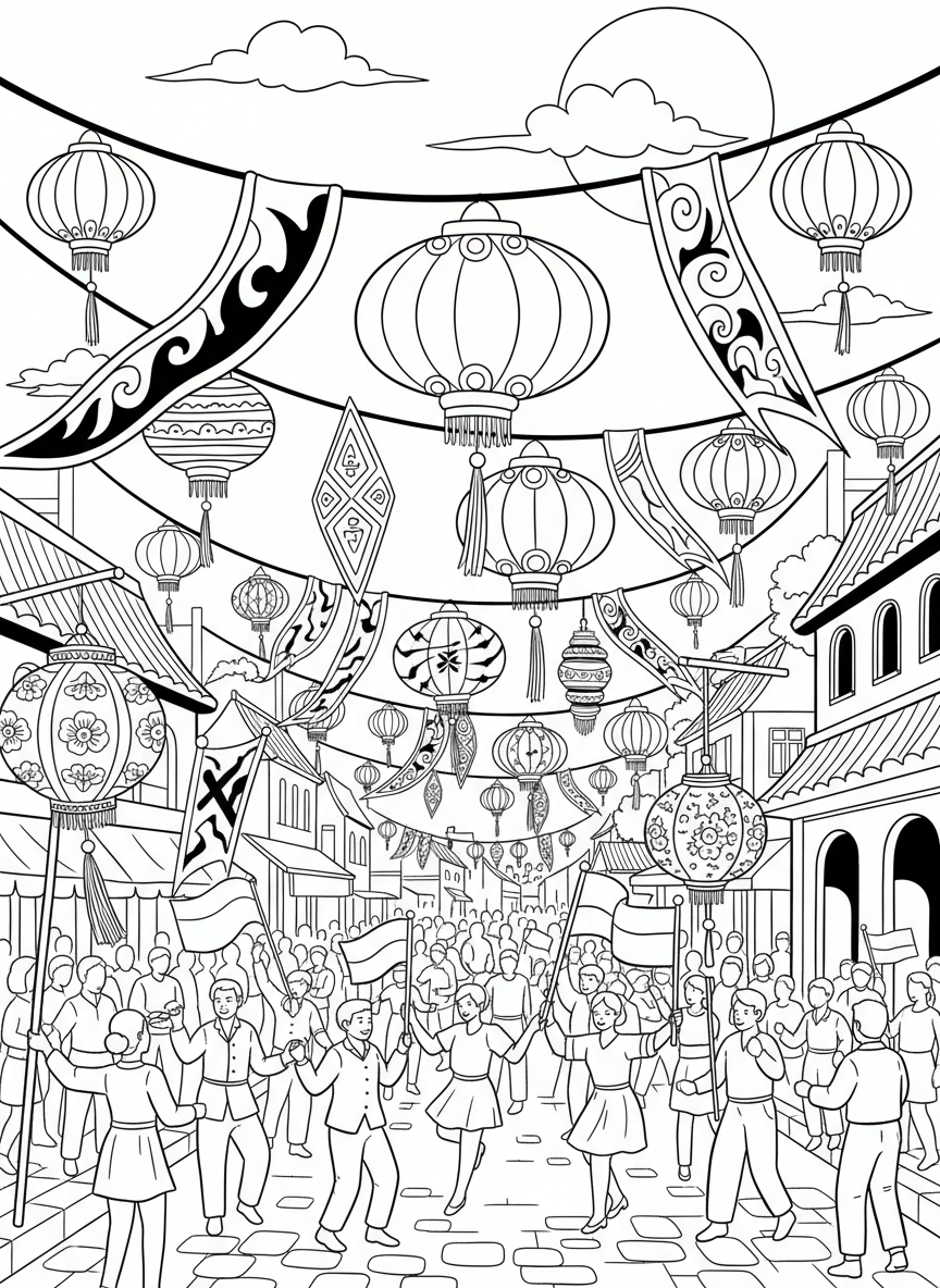 A street scene with multiple lanterns strung overhead and festival banners, wide celebration view