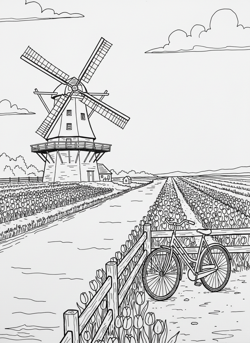 A Dutch windmill beside a canal with tulip fields in rows and a bicycle leaning against a fence.