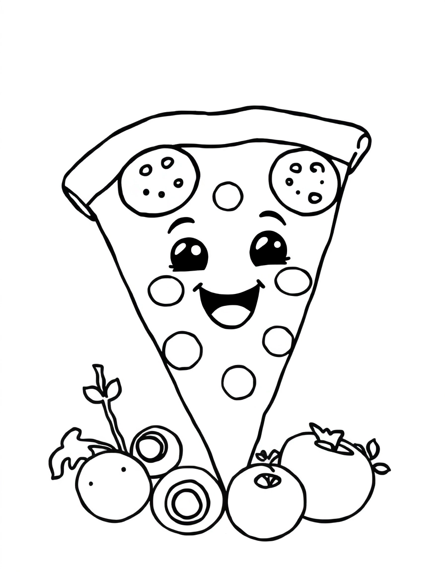 A happy slice of pizza with smiling pepperoni and cheese, surrounded by simple vegetable toppings like mushrooms and olives.
