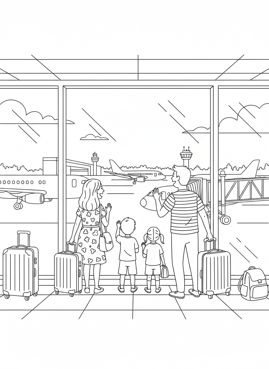 An airport scene with a family with suitcases looking excitedly at airplanes through large windows