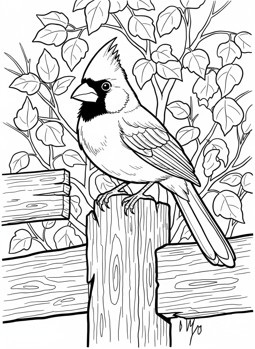 A bright red cardinal sitting on a fence post with its crest feathers raised, clean line art composition
