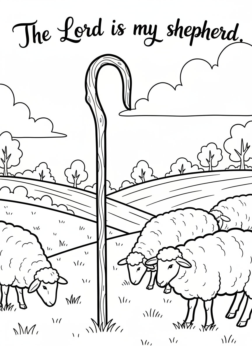 A shepherd's staff with sheep grazing peacefully in a meadow, featuring the verse 'The Lord is my shepherd' in flowing letters.