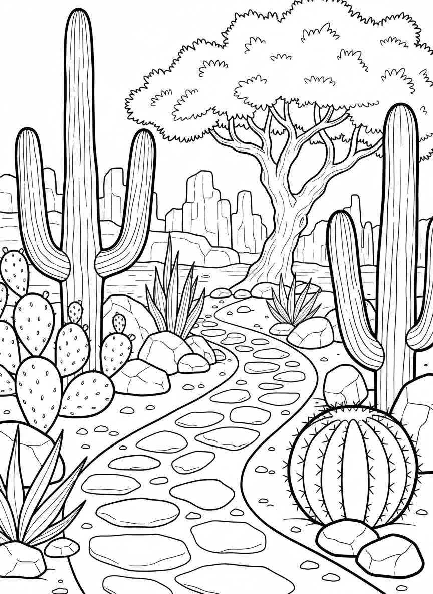 Simple desert garden scene with a variety of cacti in different shapes, decorative rocks, and a garden path