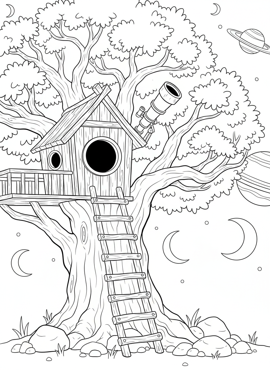 A ladder leading up to a treehouse where a telescope pokes out of an open window, with planets visible in the sky.