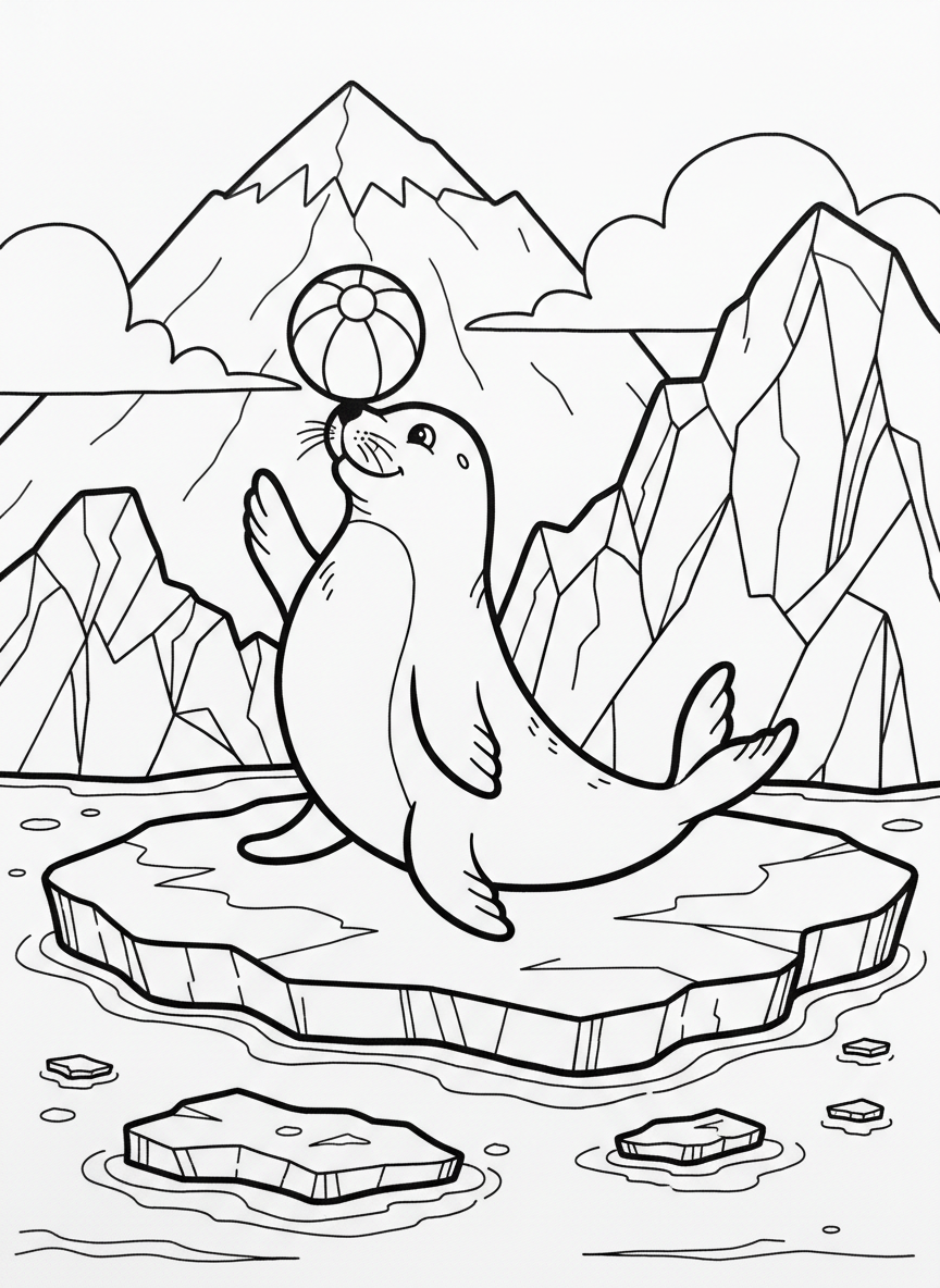 A playful seal balancing a ball on its nose while sitting upright, performing like in an Arctic show, simple setting