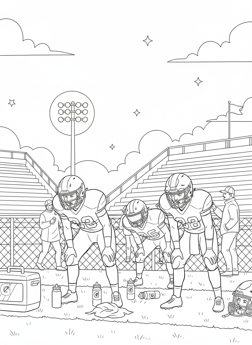 Friday Night Lights coloring page prompts capturing high school football atmosphere, community pride, and glowing stadium scenes.	A quiet sideline moment with players catching their breath between plays.