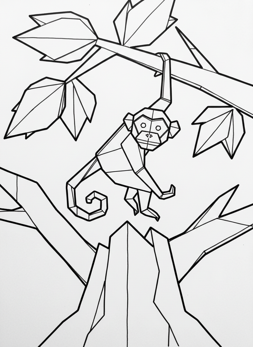 An origami monkey hanging from a paper-folded tree branch, with diamond-shaped body segments and playful curved tail, medium detail level.