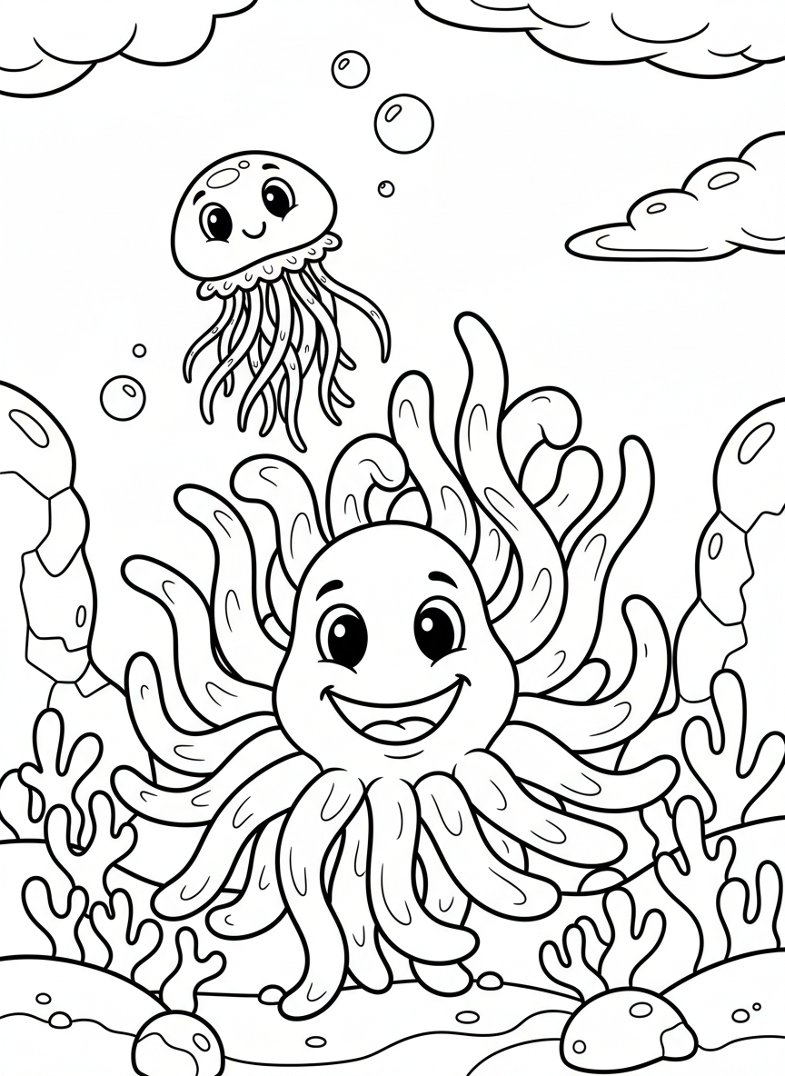 Simple sea anemone with thick tentacles and happy expression, floating jellyfish friend nearby, easy for preschoolers
