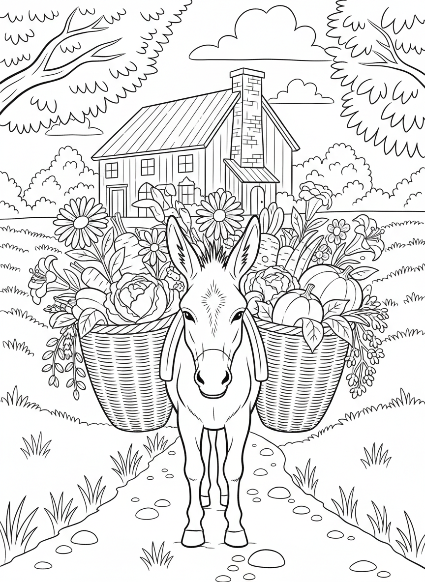 A donkey carrying baskets of vegetables and flowers along a country farm path with a farmhouse ahead.